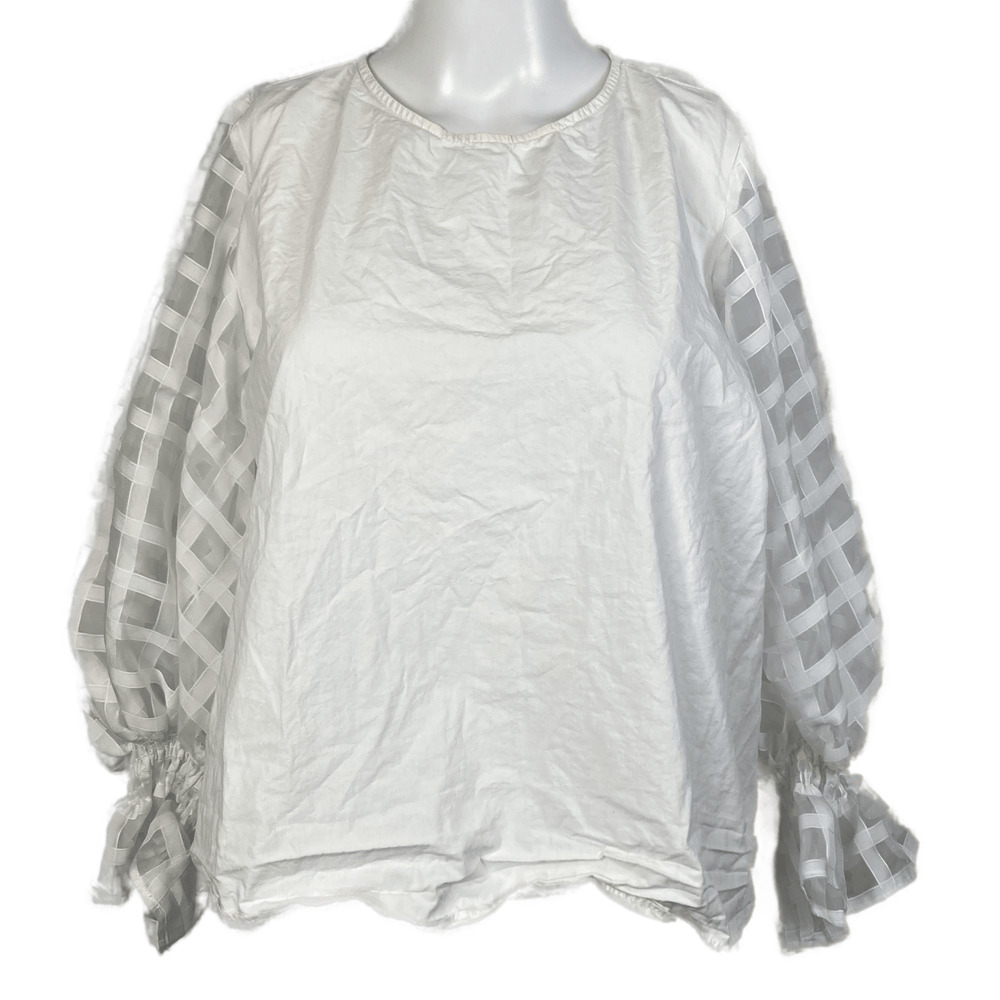 Newbury Kustom Shirt Women Sz M White Cotton Balloon Sheer Sleeve Peasant Blouse